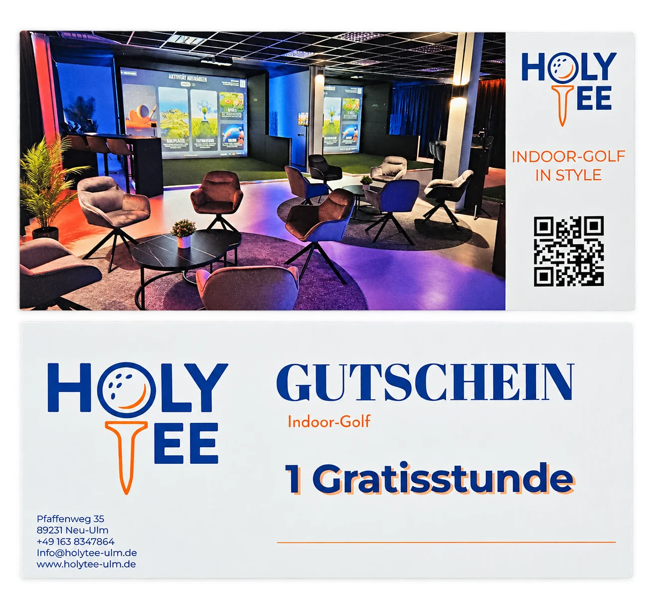 HolyTee Gutschein für eine Spielstunde – Vorder- und Rückseite